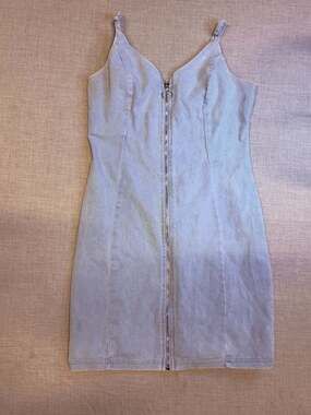 Denim Zipper-Front Sleeveless Mini Dress, Size M